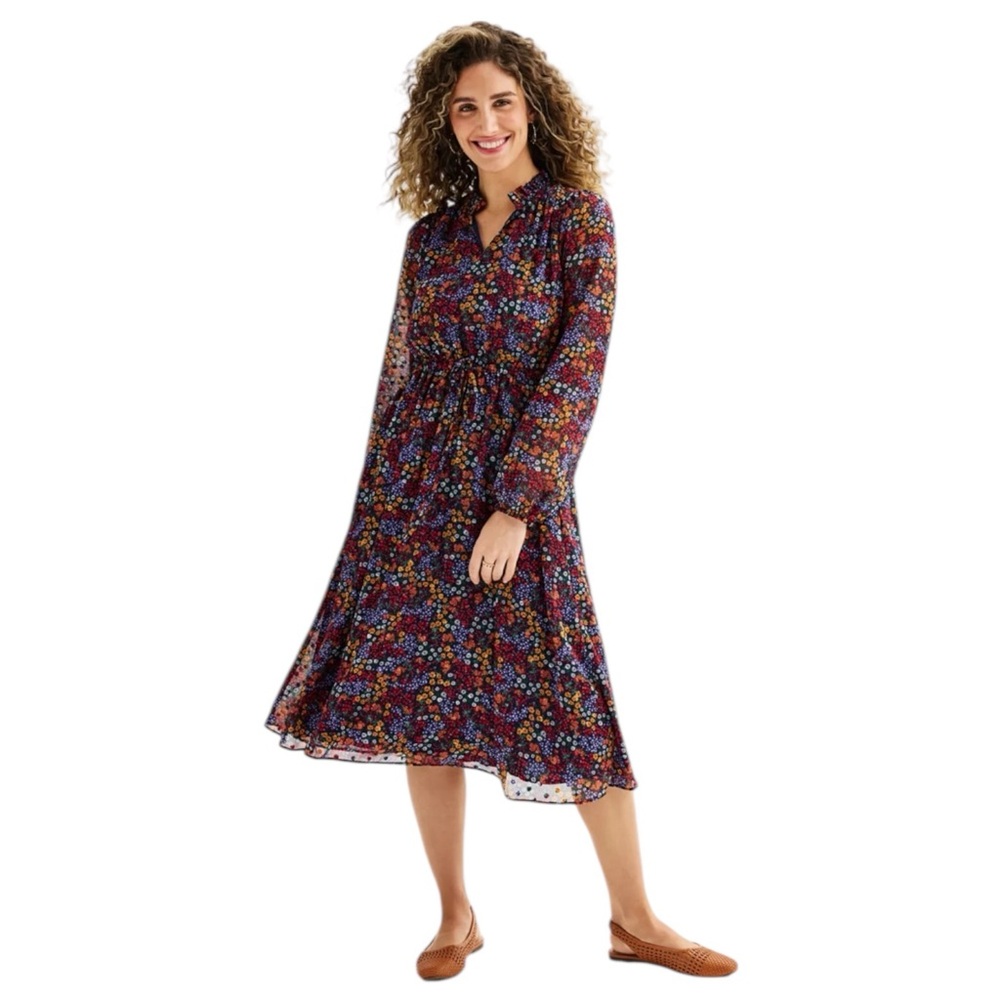 Draper James Cinched Waist Long Sleeve Midi Dress in Navy Floral Size Medium